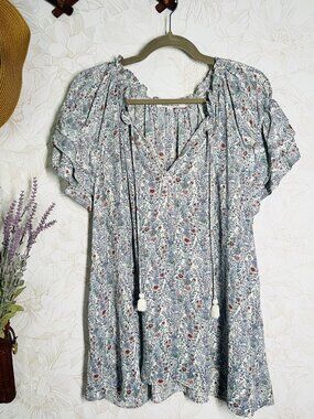 Rose + Olive 3x Floral Print Boho Style Blouse With Tassels 3X